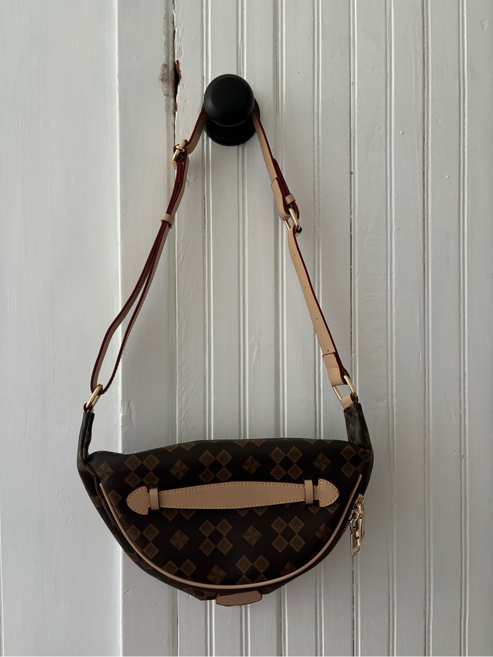 Designer-Inspired Brown Patterned Crossbody Bag with Beige Trim